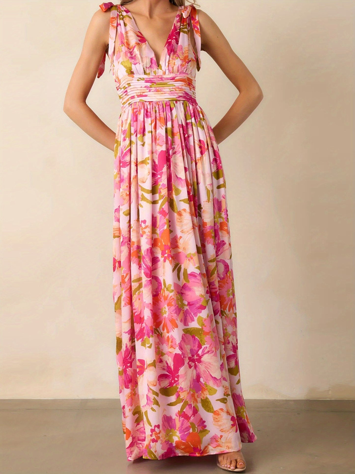 Women'S Floral Print V-Neck Tie-Up Sleeveless Dress