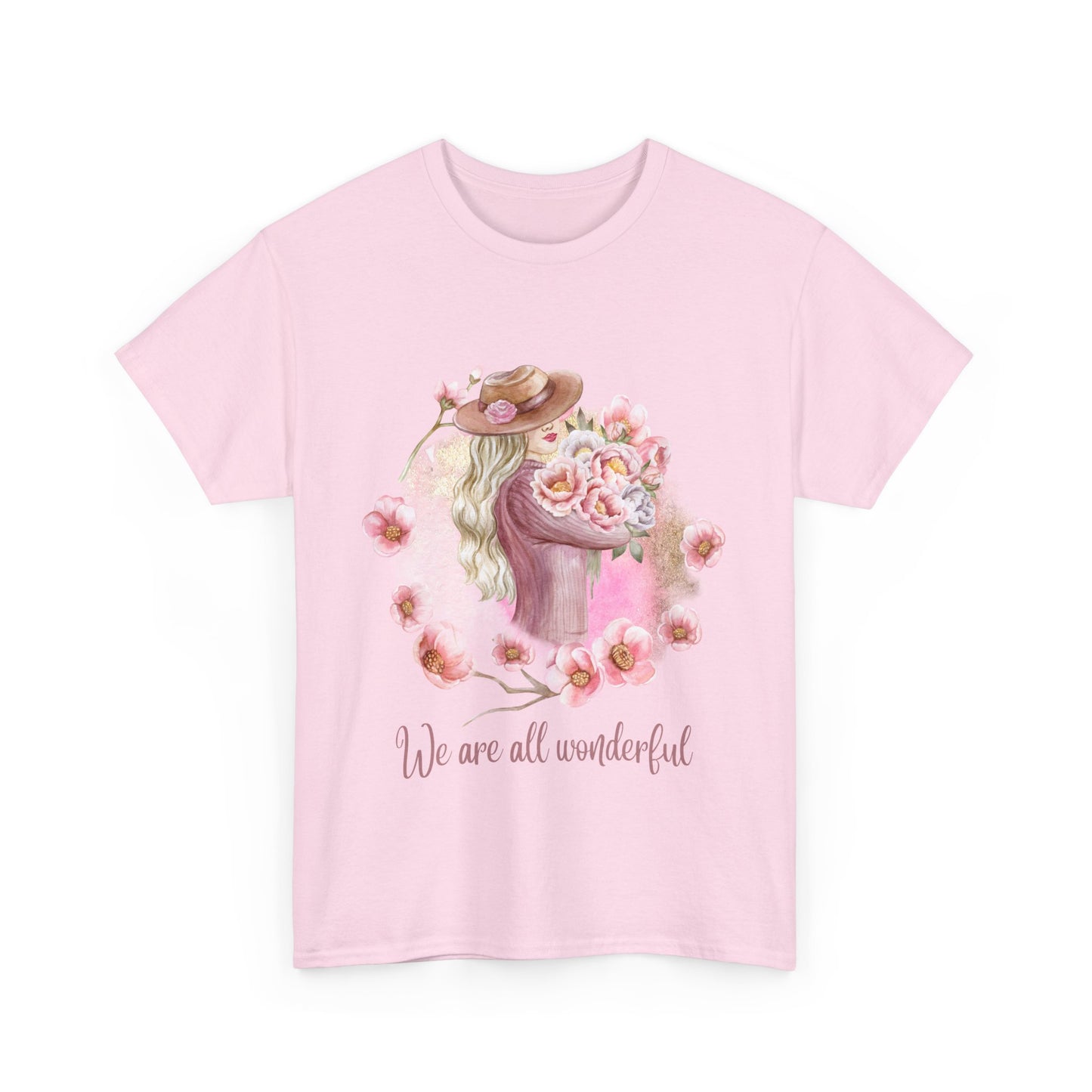 Heavy Cotton Tee with Floral Design - "We Are All Wonderful"