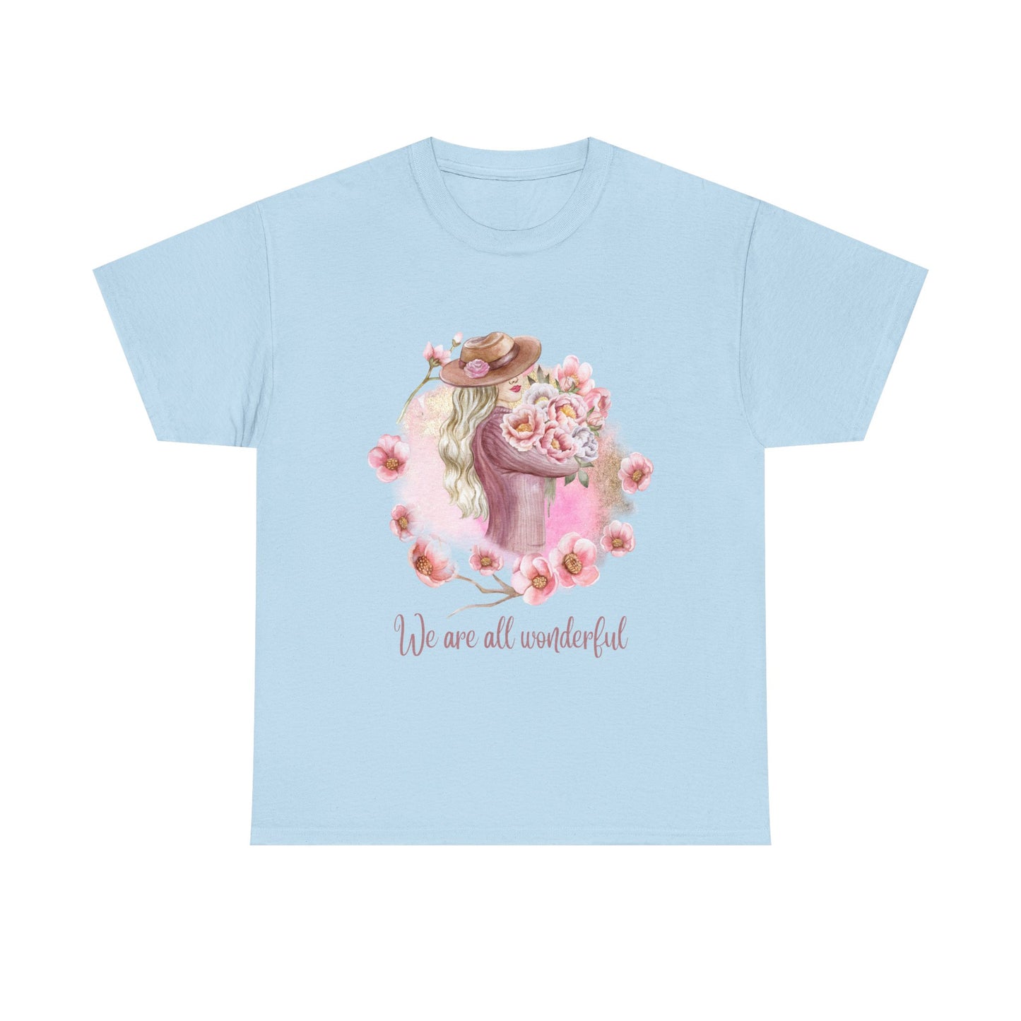 Heavy Cotton Tee with Floral Design - "We Are All Wonderful"