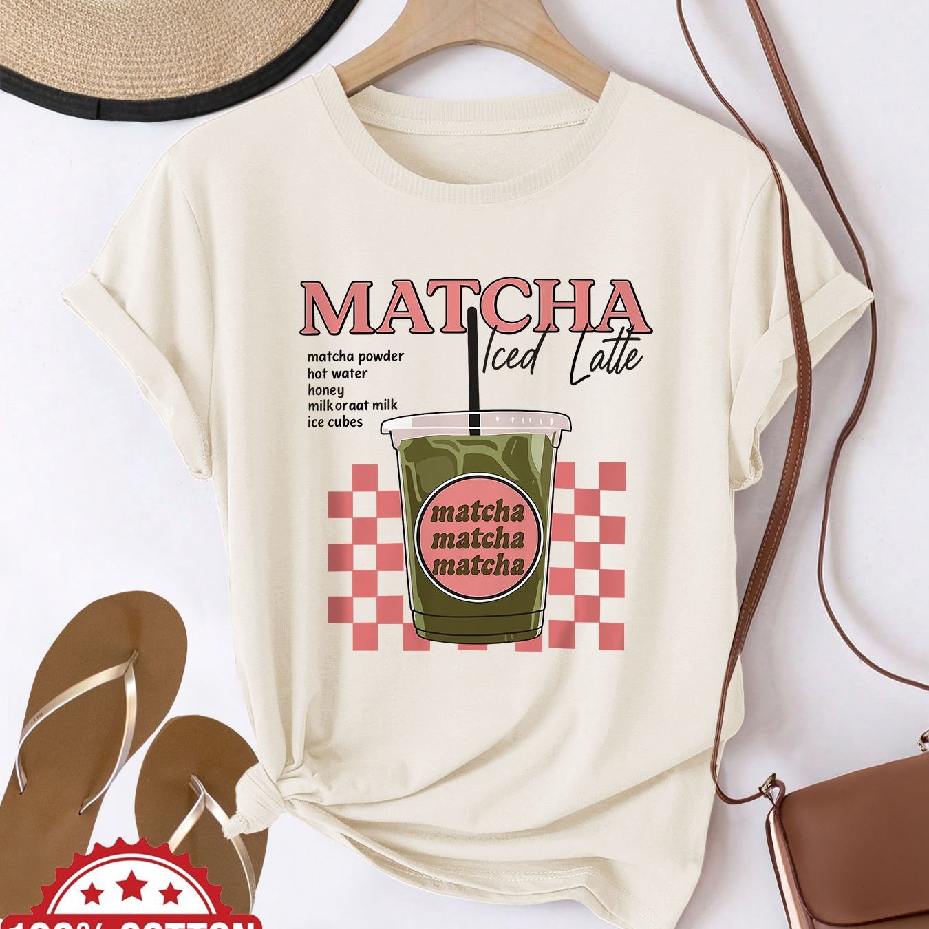 Matcha Iced Latte Graphic Print with Red Lettering & Checkered Design