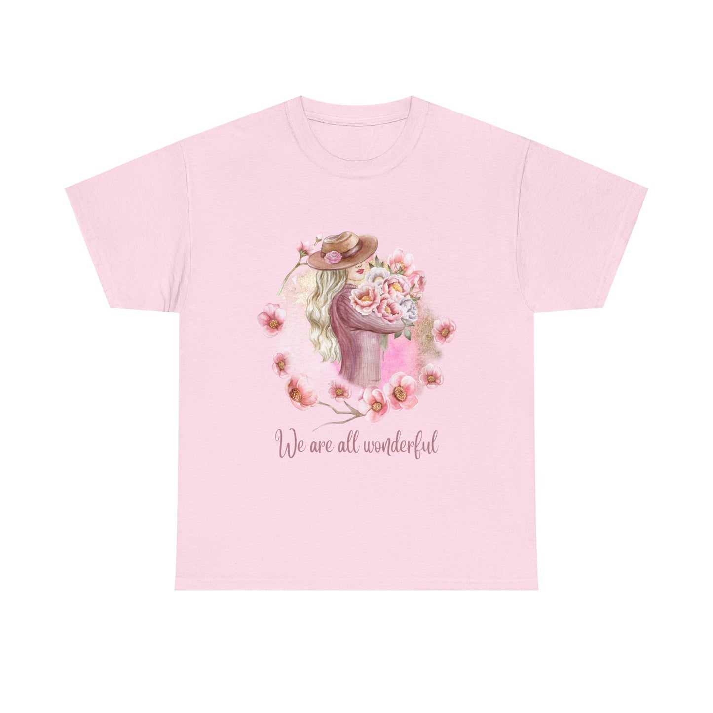 Heavy Cotton Tee with Floral Design - "We Are All Wonderful"
