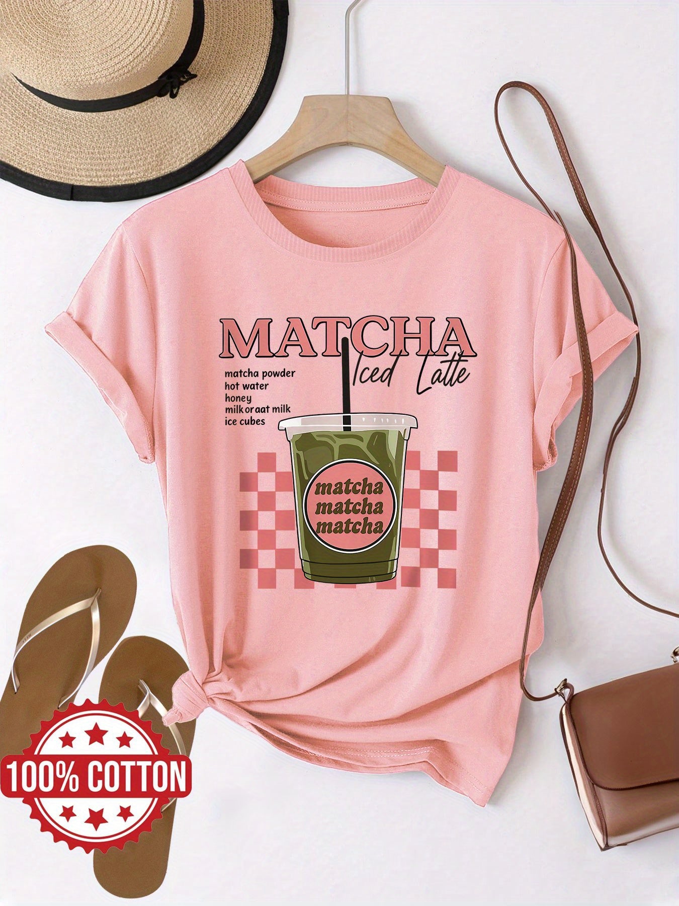 Matcha Iced Latte Graphic Print with Red Lettering & Checkered Design