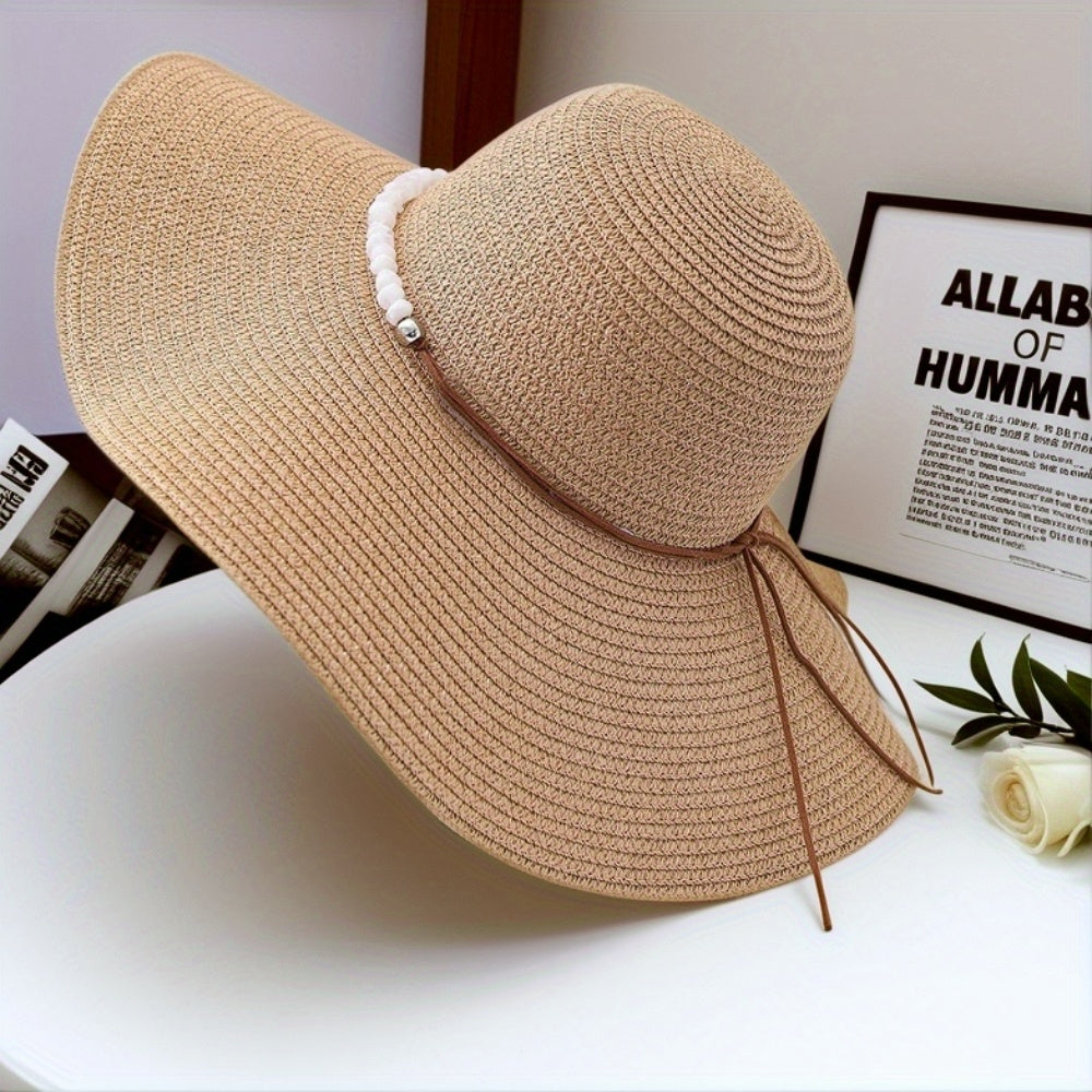 Women's Wide Brim Straw Sun Hat with Pearl Accents