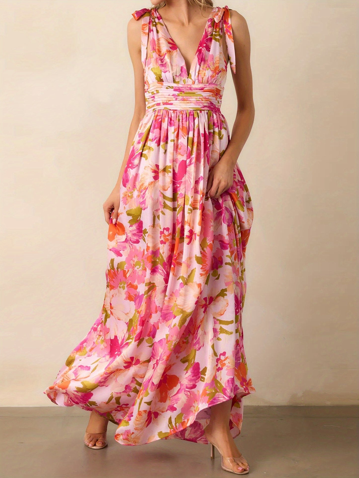 Women'S Floral Print V-Neck Tie-Up Sleeveless Dress