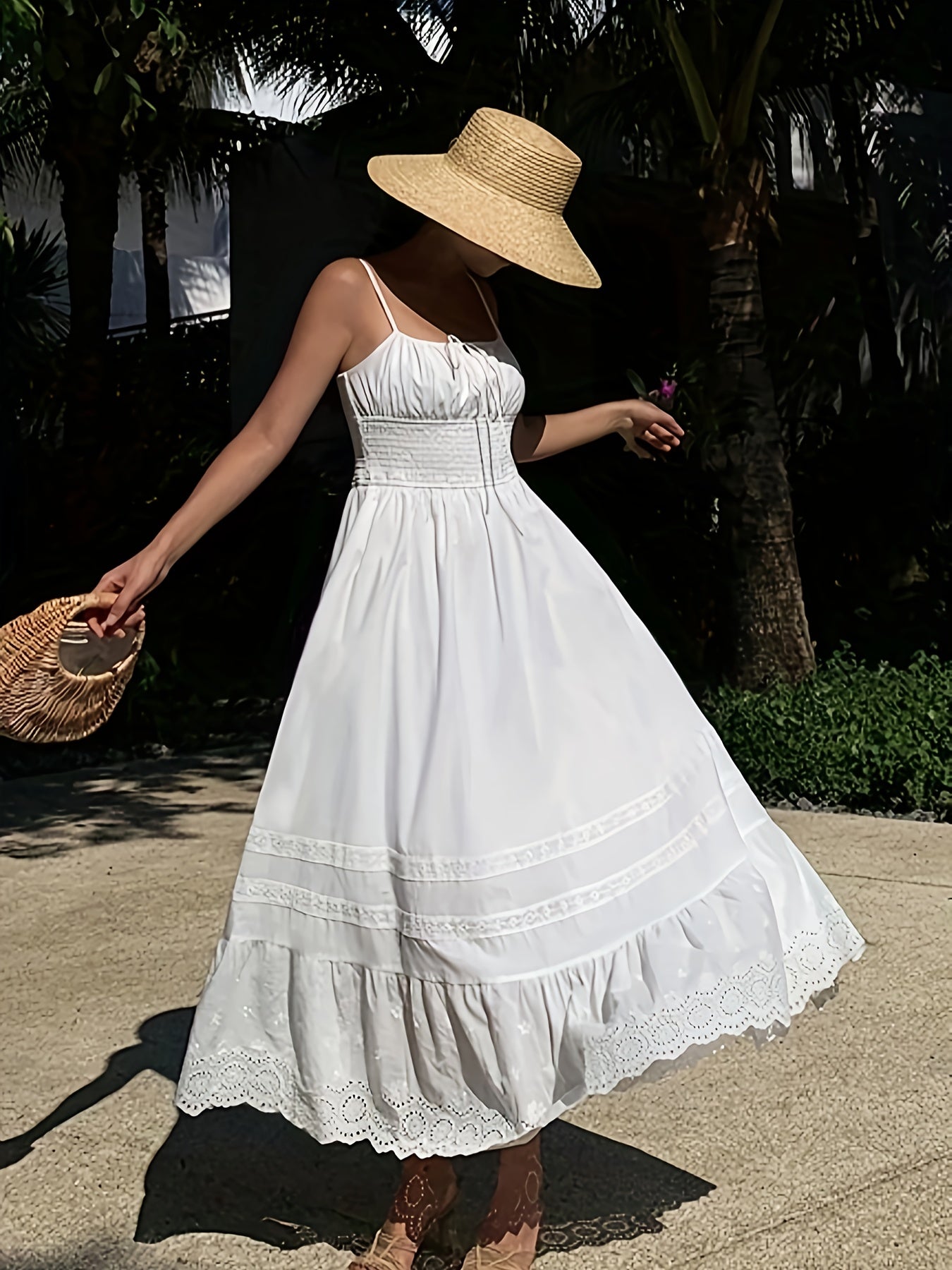 Elegant White Lace-Trimmed Sleeveless Maxi Dress with Pockets