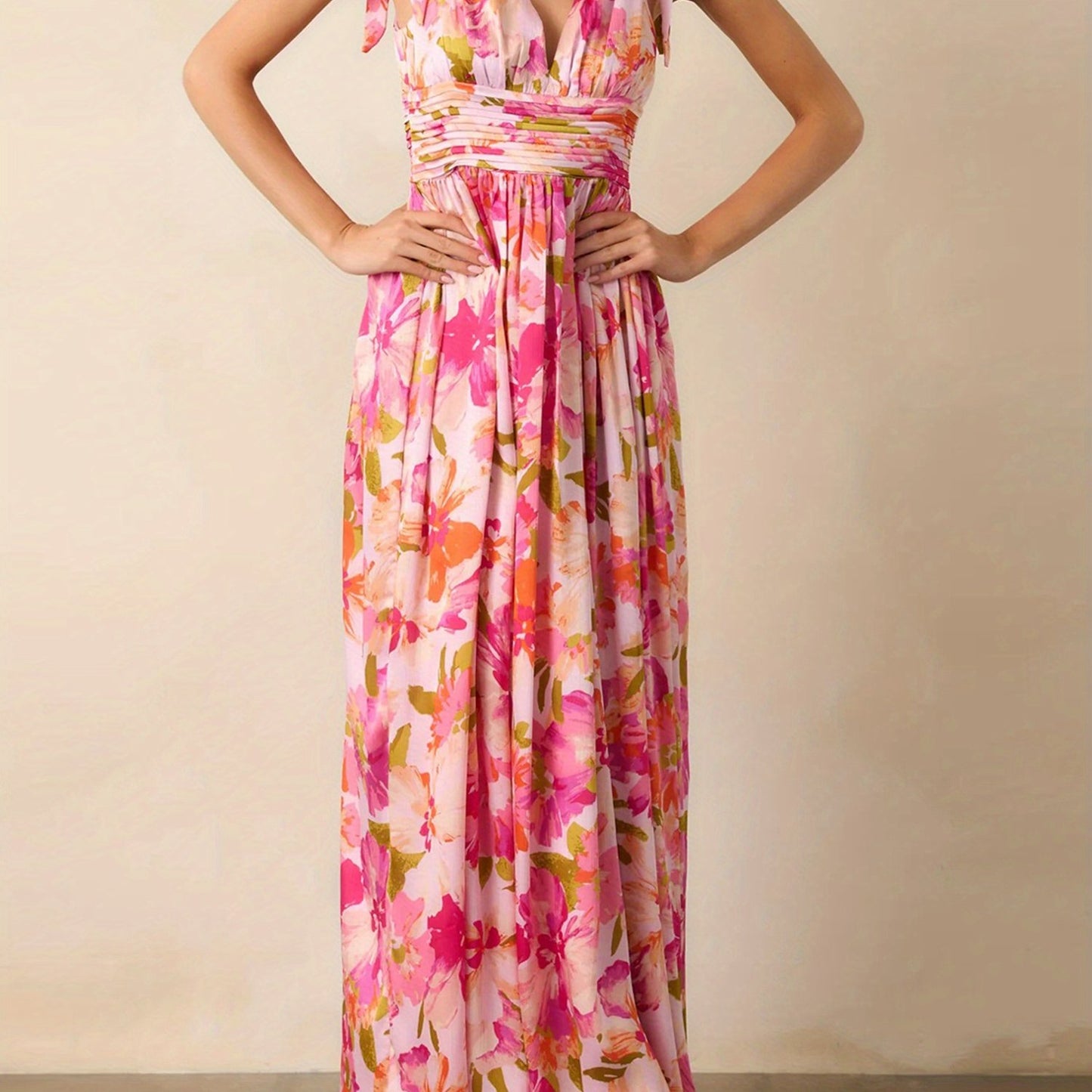 Women'S Floral Print V-Neck Tie-Up Sleeveless Dress