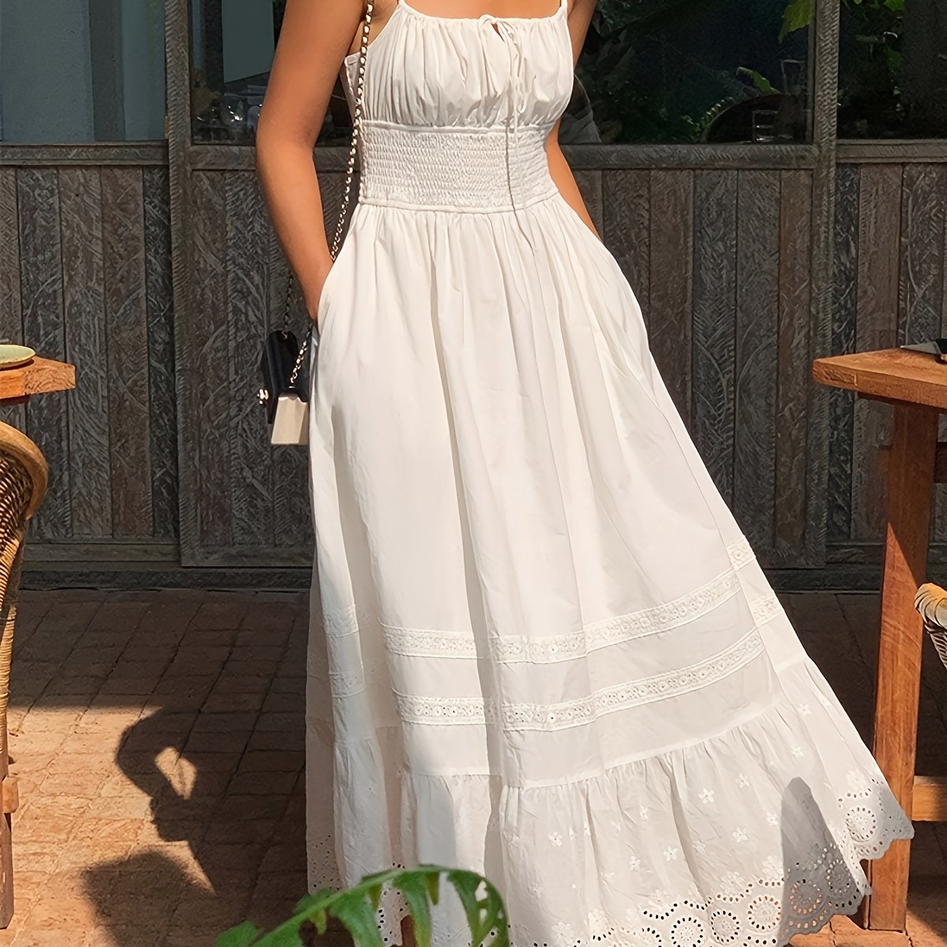 Elegant White Lace-Trimmed Sleeveless Maxi Dress with Pockets