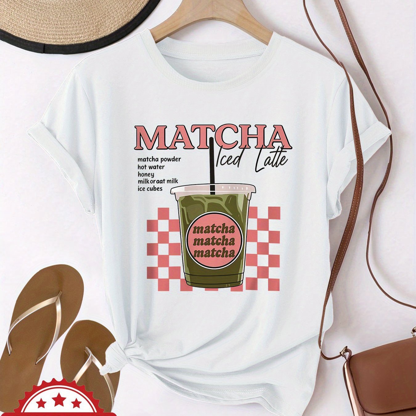 Matcha Iced Latte Graphic Print with Red Lettering & Checkered Design
