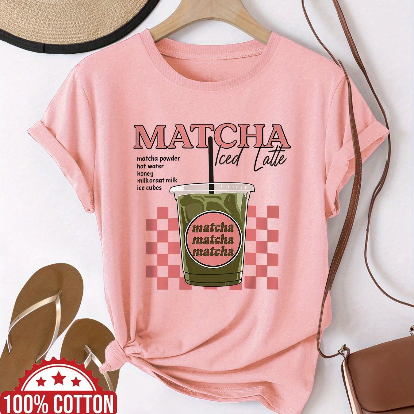 Matcha Iced Latte Graphic Print with Red Lettering & Checkered Design