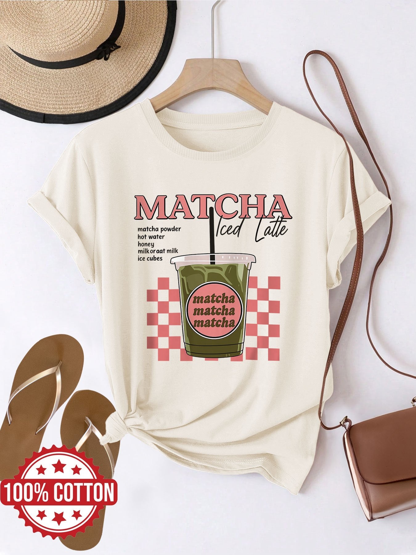 Matcha Iced Latte Graphic Print with Red Lettering & Checkered Design