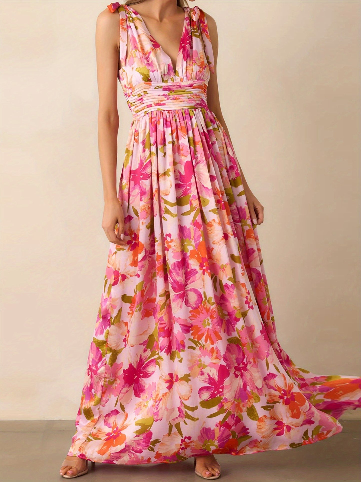 Women'S Floral Print V-Neck Tie-Up Sleeveless Dress