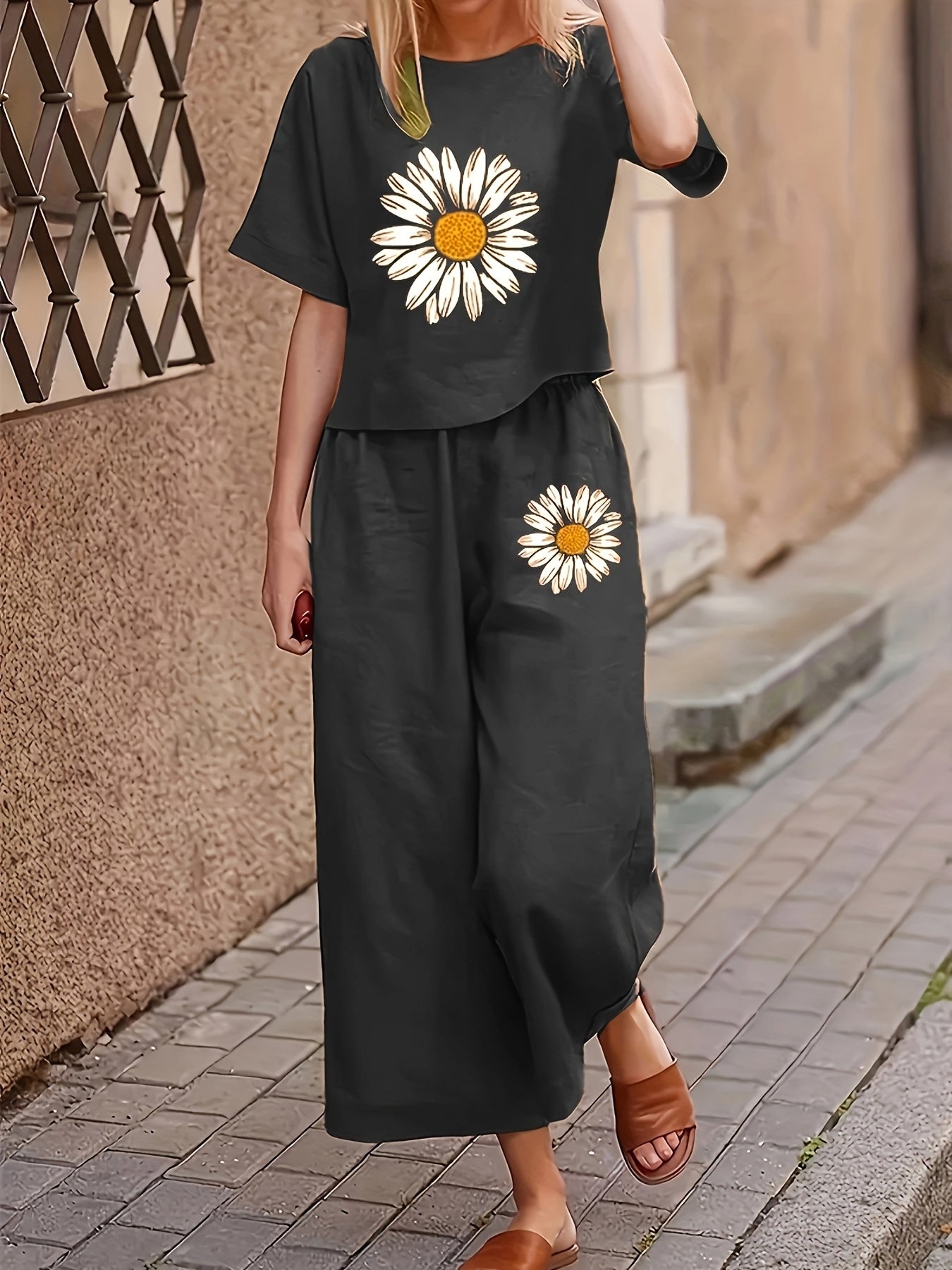 Floral Print Short Sleeve Long Pants Women's Two-Piece Set