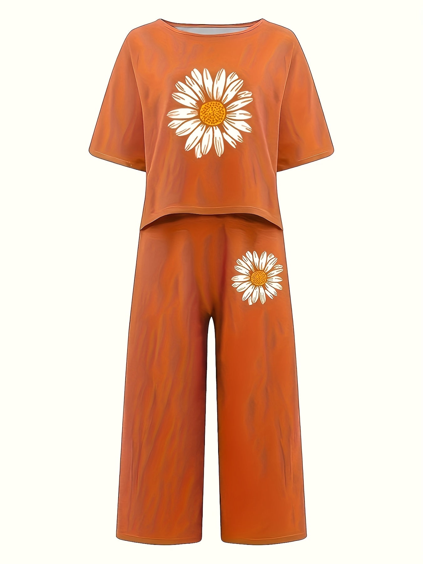 Floral Print Short Sleeve Long Pants Women's Two-Piece Set