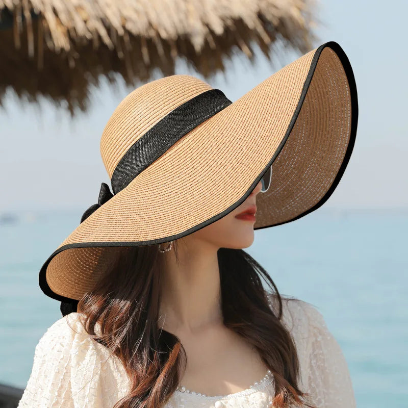 Handmade Straw Sun Hat for Women – Large Brim Beach Hat with Black Ribbon Bow