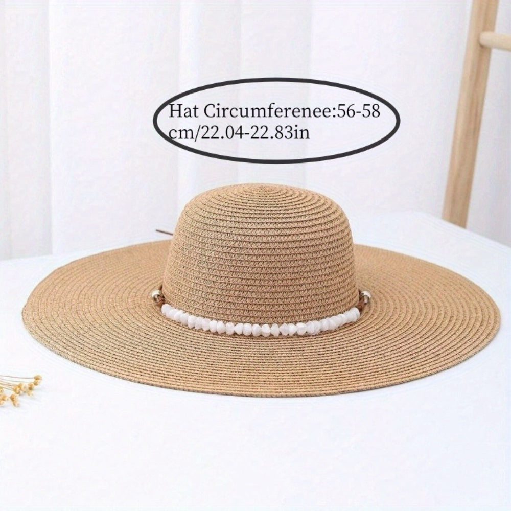 Women's Wide Brim Straw Sun Hat with Pearl Accents