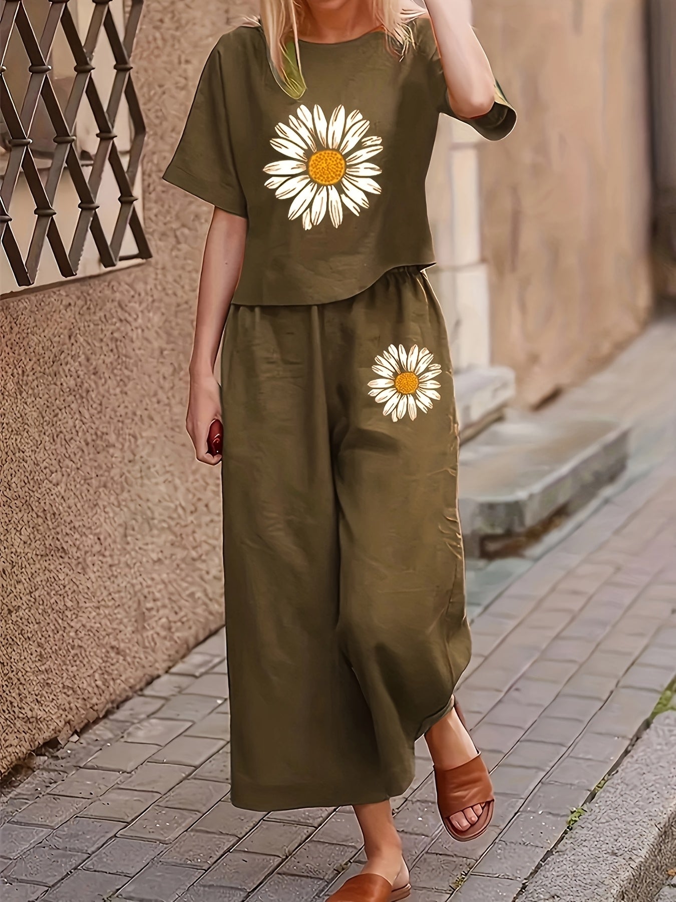 Floral Print Short Sleeve Long Pants Women's Two-Piece Set