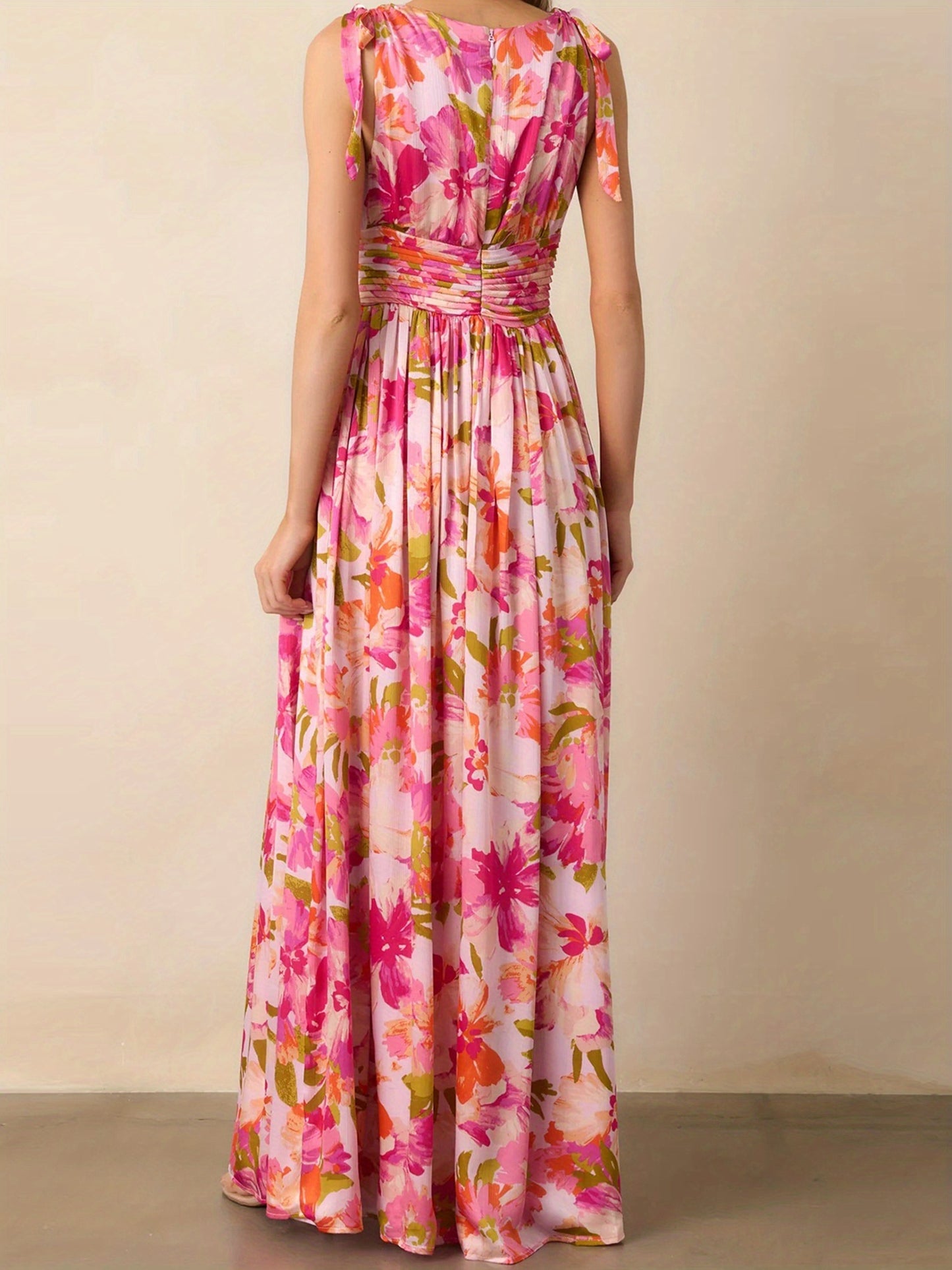 Women'S Floral Print V-Neck Tie-Up Sleeveless Dress