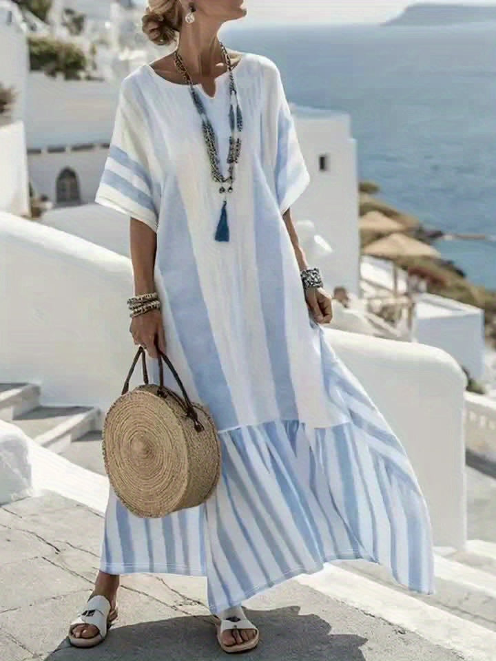 Summer New Blue Striped Print Elegant Beach Vacation Dress for Women