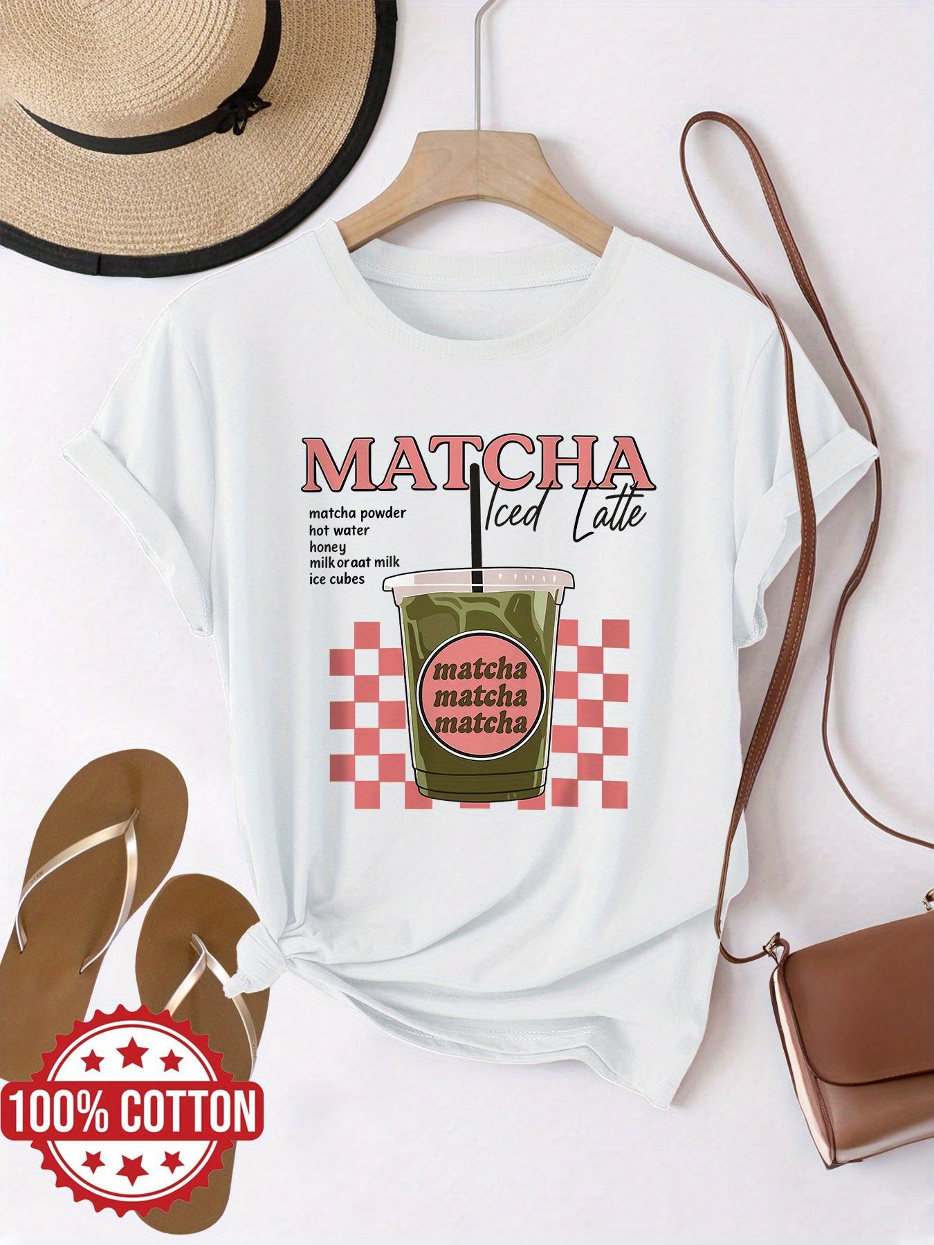 Matcha Iced Latte Graphic Print with Red Lettering & Checkered Design