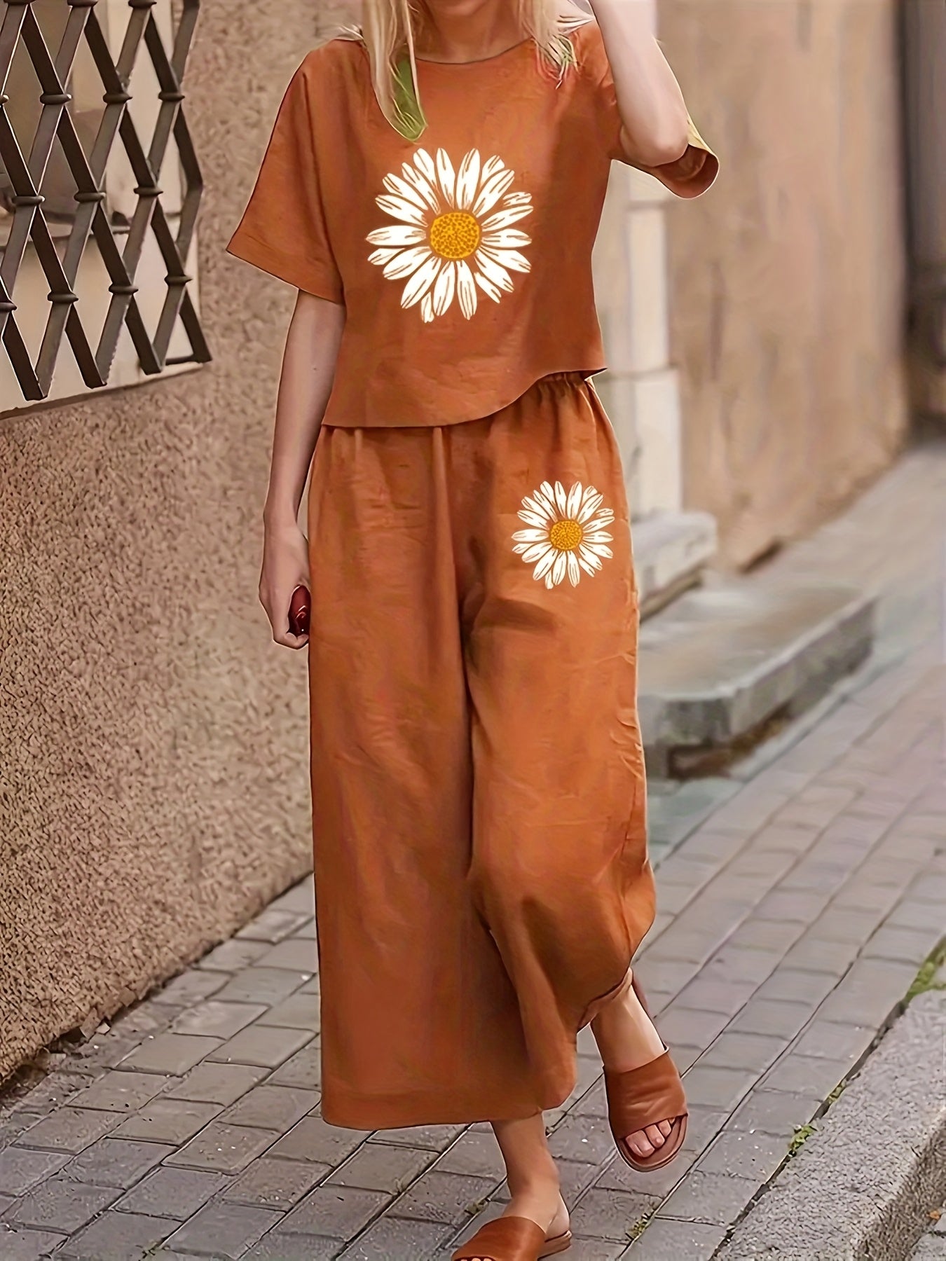 Floral Print Short Sleeve Long Pants Women's Two-Piece Set