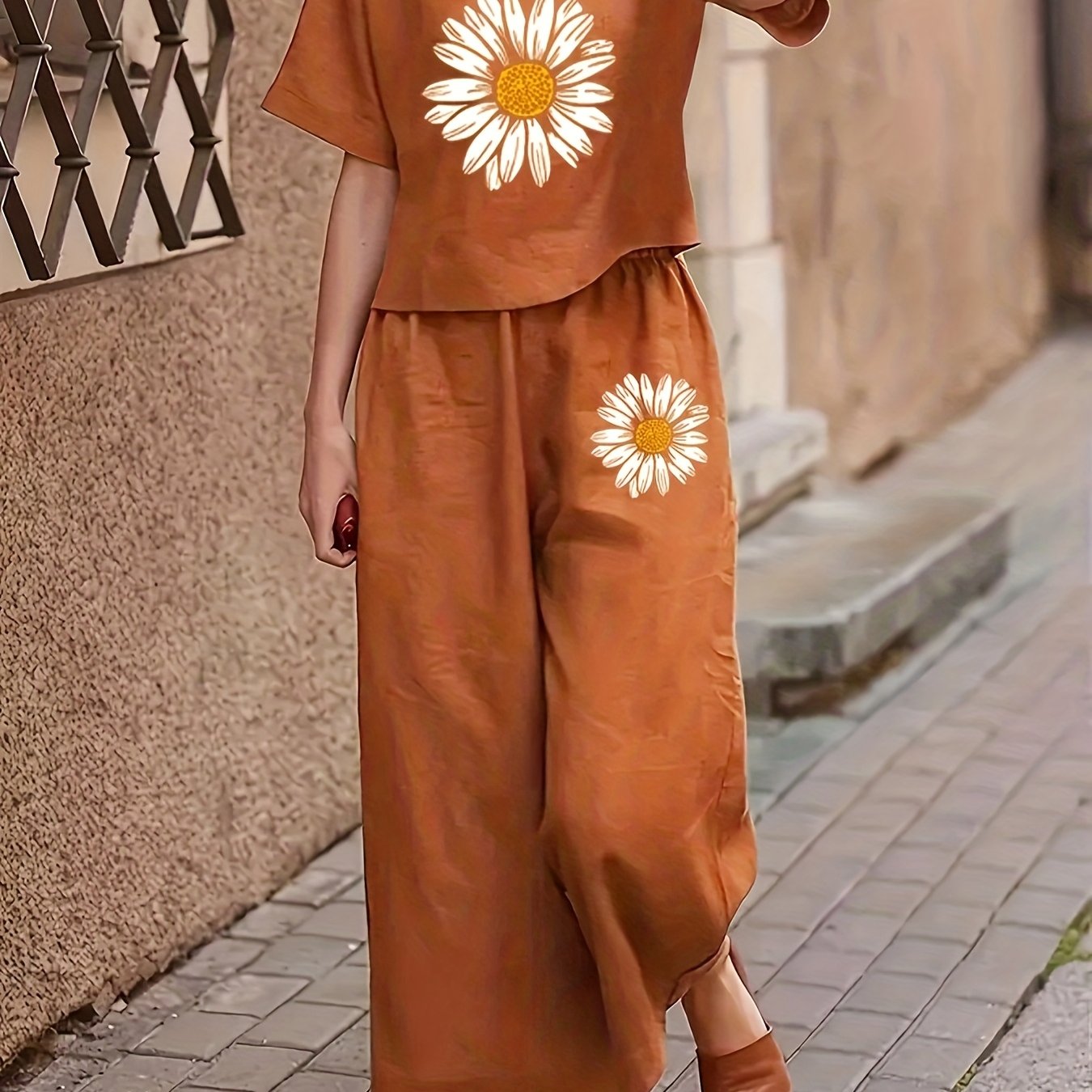 Floral Print Short Sleeve Long Pants Women's Two-Piece Set