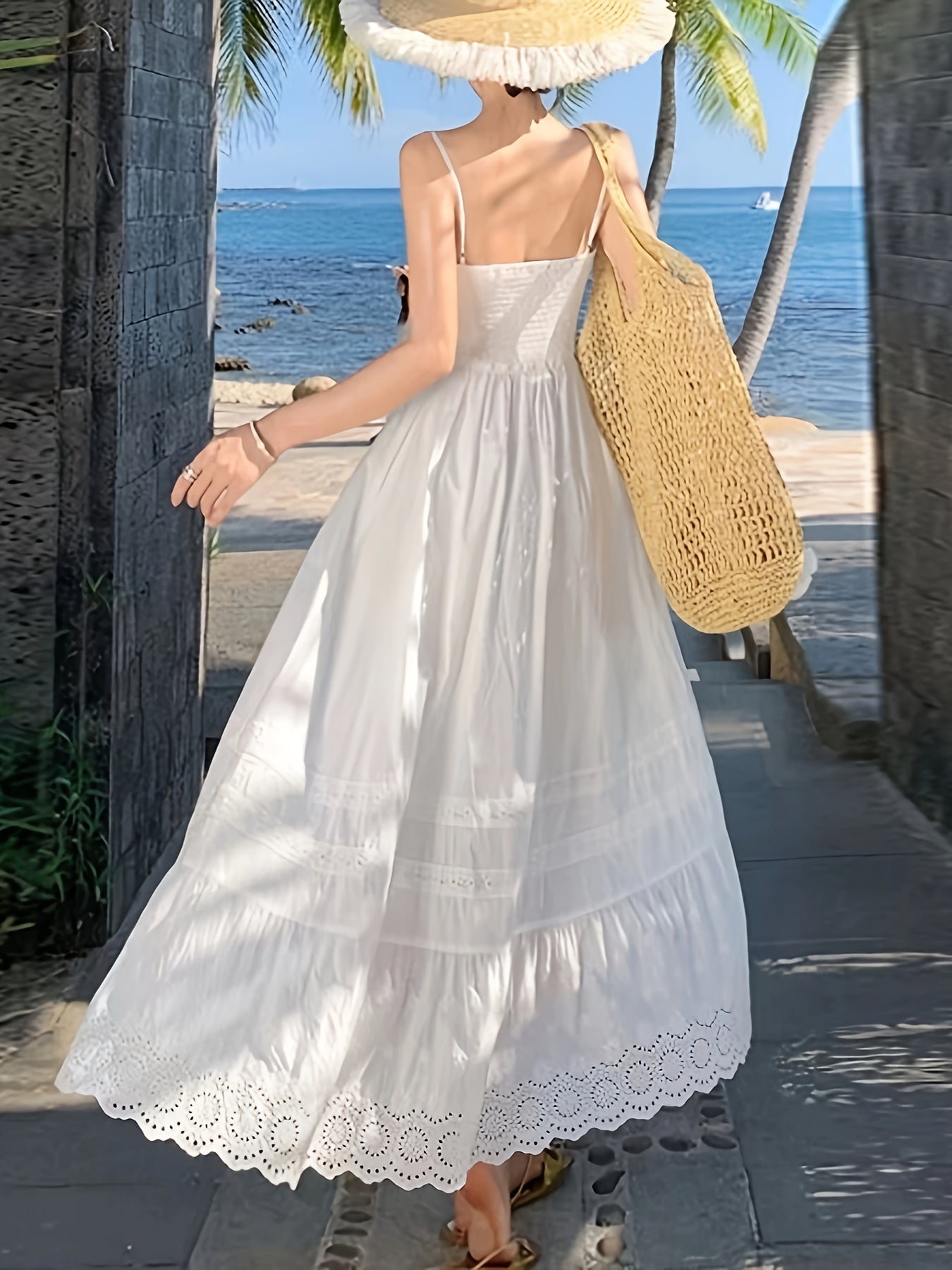 Elegant White Lace-Trimmed Sleeveless Maxi Dress with Pockets