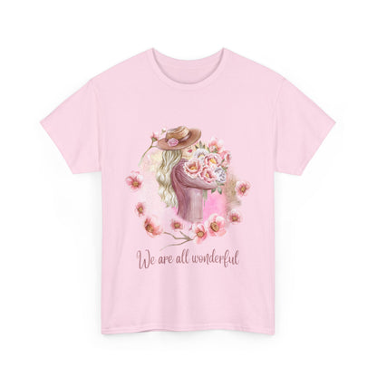 Heavy Cotton Tee with Floral Design - "We Are All Wonderful"