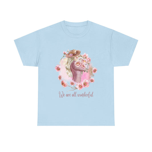Heavy Cotton Tee with Floral Design - "We Are All Wonderful"