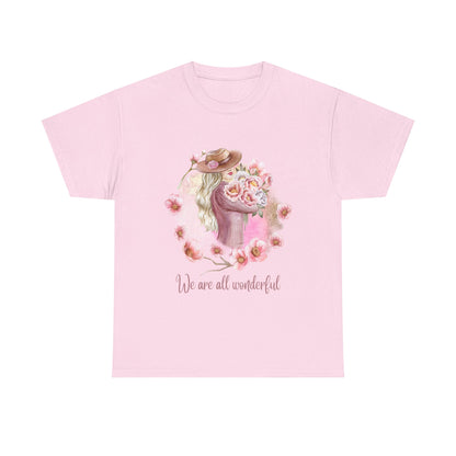 Heavy Cotton Tee with Floral Design - "We Are All Wonderful"
