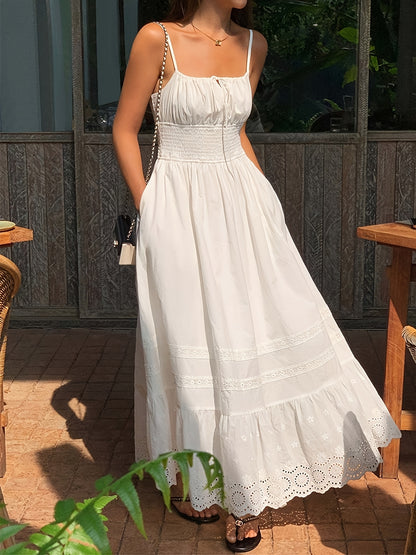 Elegant White Lace-Trimmed Sleeveless Maxi Dress with Pockets