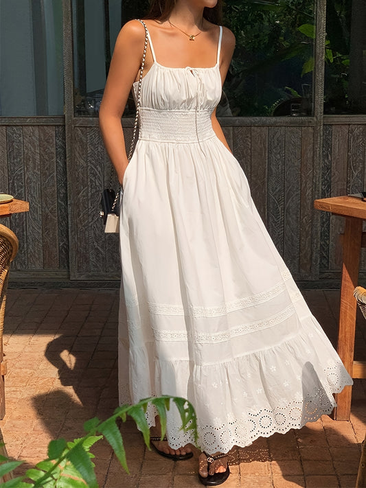 Elegant White Lace-Trimmed Sleeveless Maxi Dress with Pockets