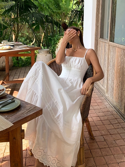Elegant White Lace-Trimmed Sleeveless Maxi Dress with Pockets
