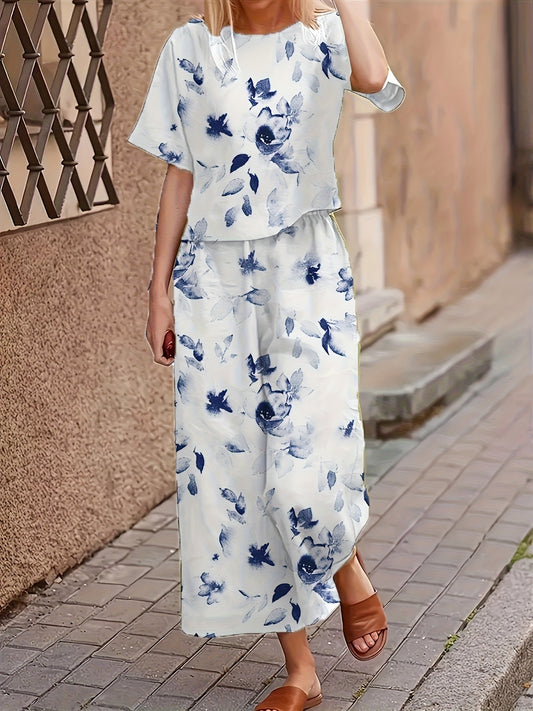Floral Print Short Sleeve Long Pants Casual Comfort Women's Two-Piece Set