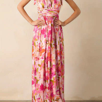 Women'S Floral Print V-Neck Tie-Up Sleeveless Dress