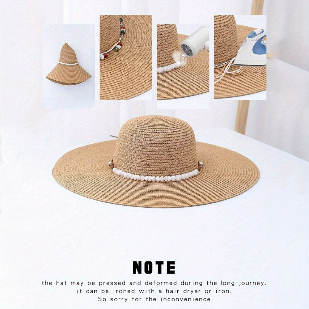 Women's Wide Brim Straw Sun Hat with Pearl Accents