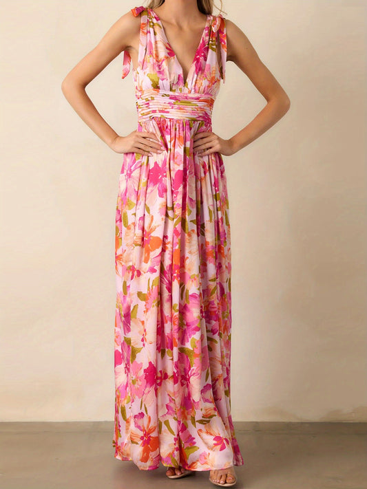 Women'S Floral Print V-Neck Tie-Up Sleeveless Dress