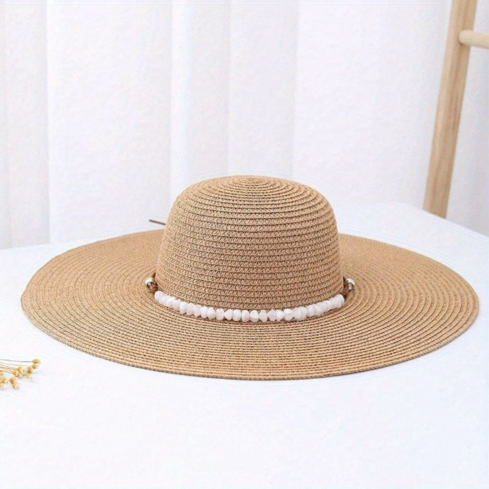 Women's Wide Brim Straw Sun Hat with Pearl Accents