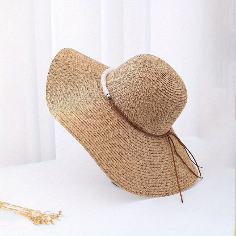 Women's Wide Brim Straw Sun Hat with Pearl Accents