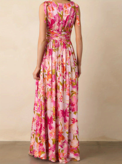 Women'S Floral Print V-Neck Tie-Up Sleeveless Dress