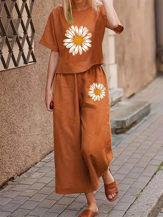 Floral Print Short Sleeve Long Pants Women's Two-Piece Set